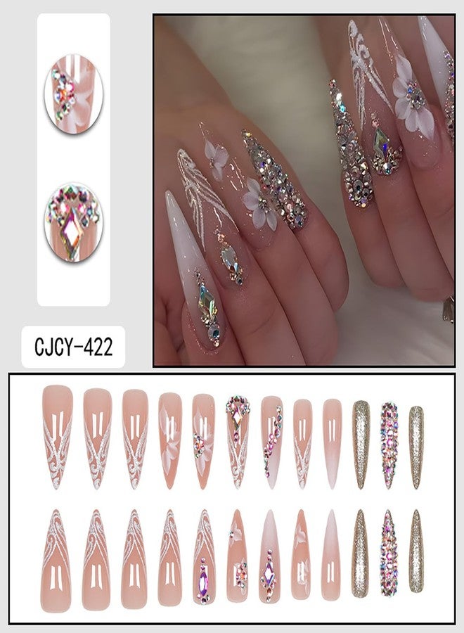 CJDLTS French Tip Press on Nails Long Length Rhinestones False Nail Flower Glitter Powder Stripes Design Full Cover Artificial Almond Stick on Nails Nude Acrylic Glue on Nail for Women Manicure 24Pcs - Image 2